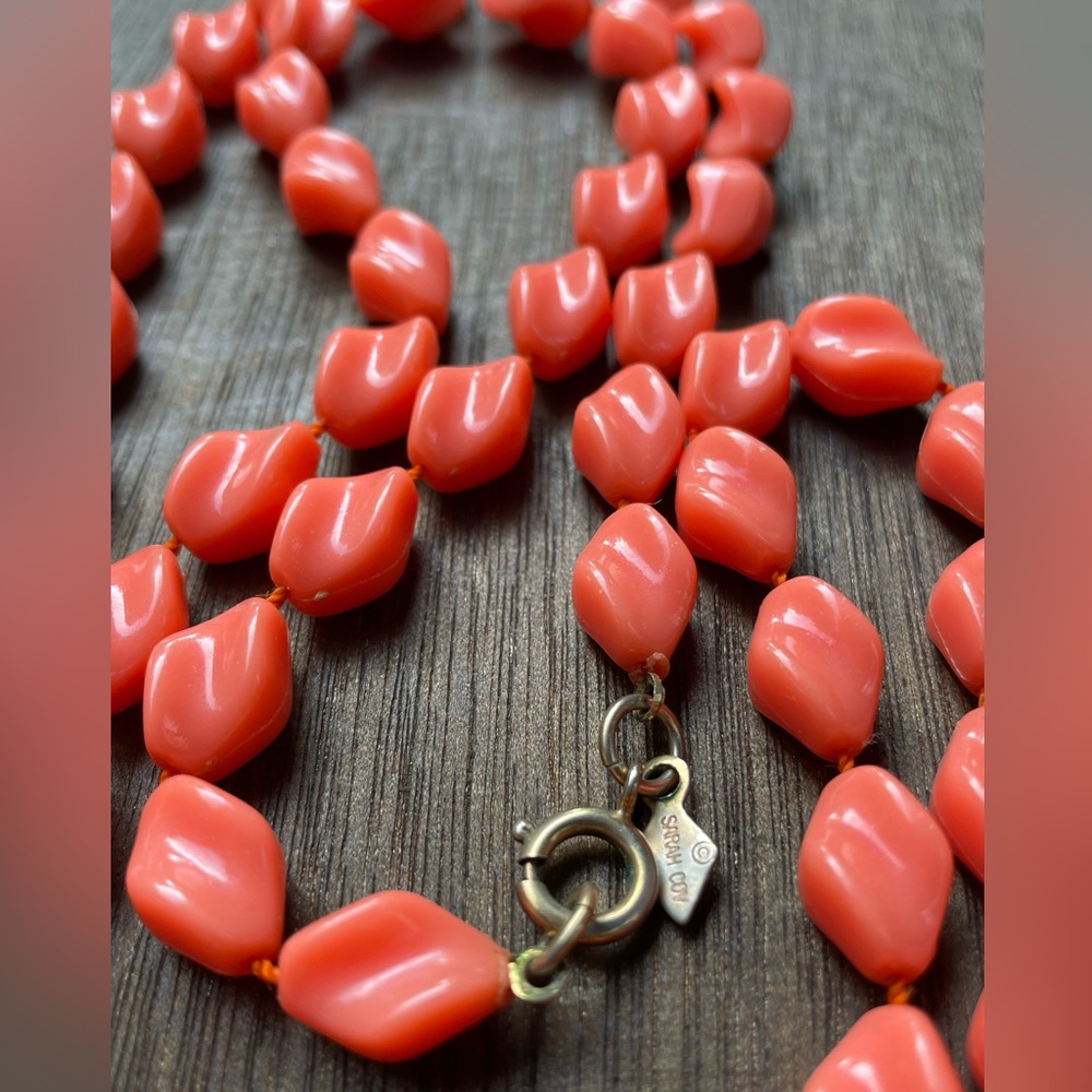 Vintage Coral Plastic SARAH COV Signed Long Beaded Necklace/ Mid-Century